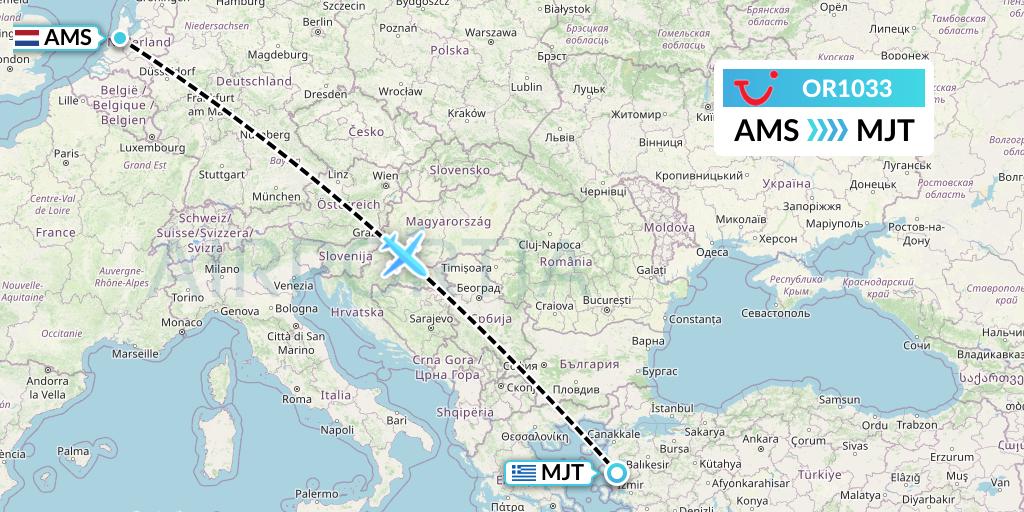 OR1033 TUI fly Netherlands Flight Map: Amsterdam to Mytilene