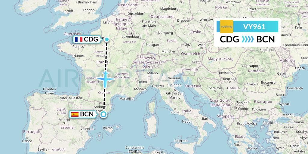 VY961 Vueling Flight Map: Paris to Barcelona