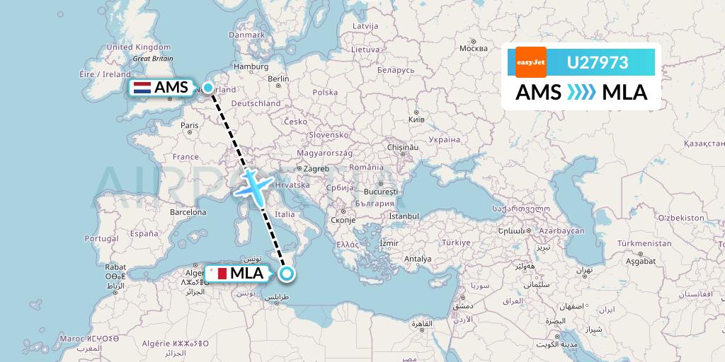 U27973 EasyJet Flight Map: Amsterdam to Malta