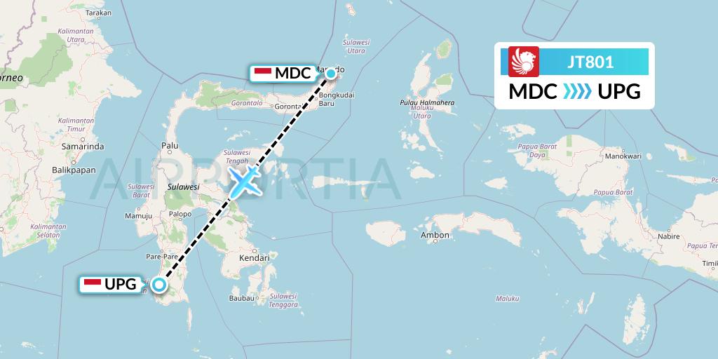 JT801 Lion Airlines Flight Map: Manado to Makassar