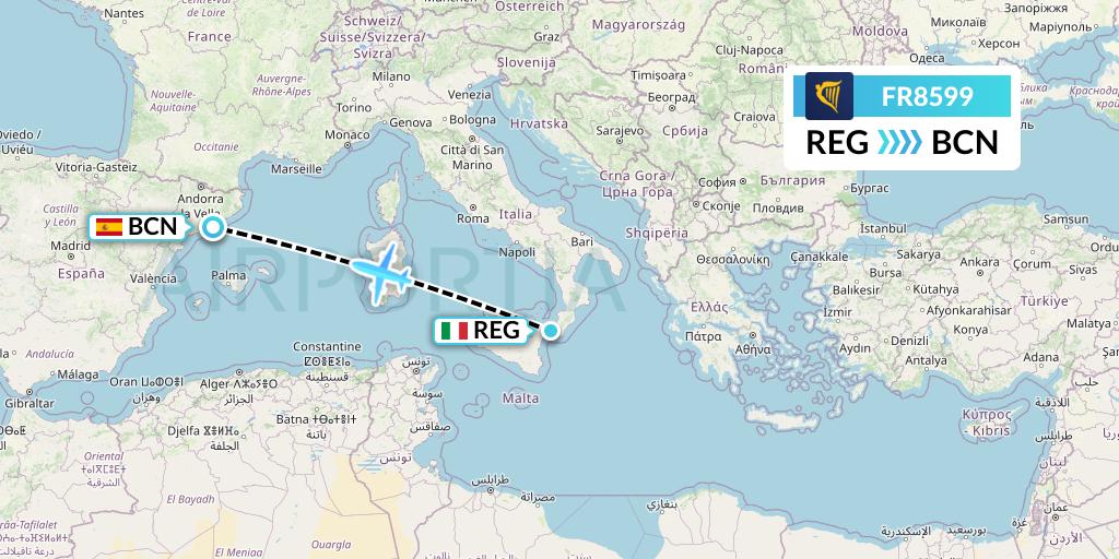 FR8599 Ryanair Flight Map: Reggio Calabria to Barcelona