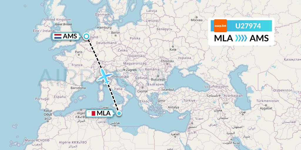 U27974 EasyJet Flight Map: Malta to Amsterdam