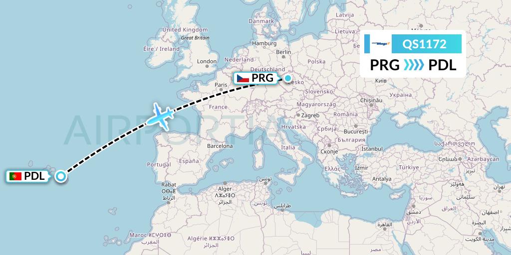 QS1172 Smartwings Flight Map: Prague to Ponta Delgada