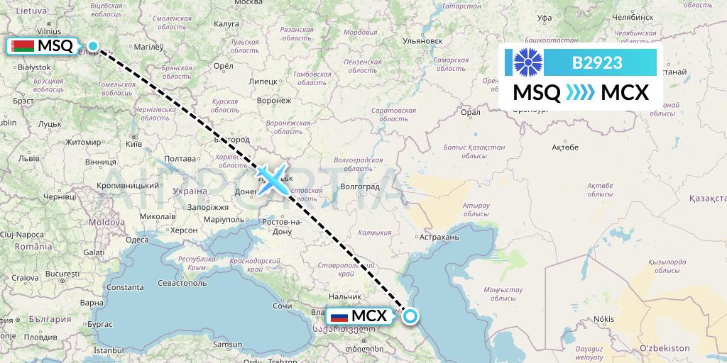 B2923 Belavia Flight Map: Minsk to Makhachkala