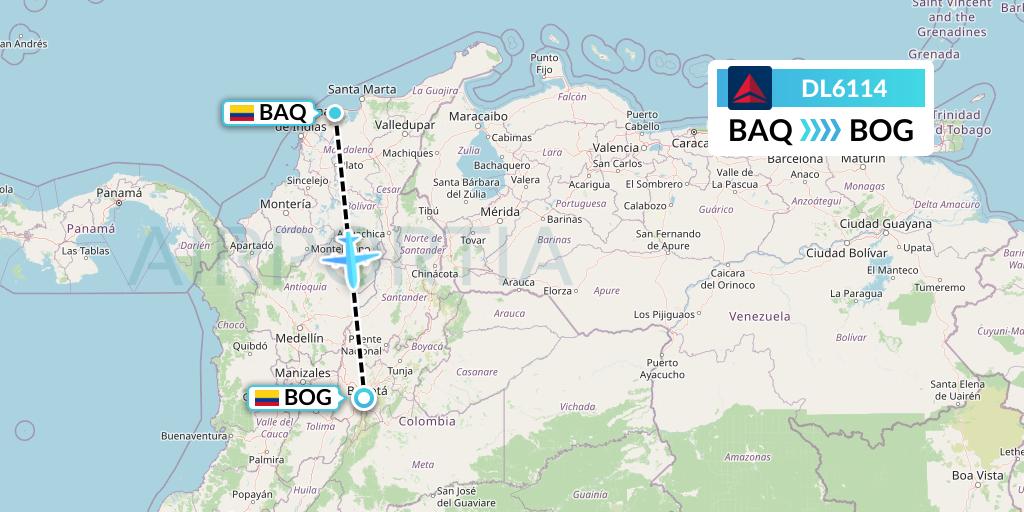 DL6114 Delta Air Lines Flight Map: Barranquilla to Bogota