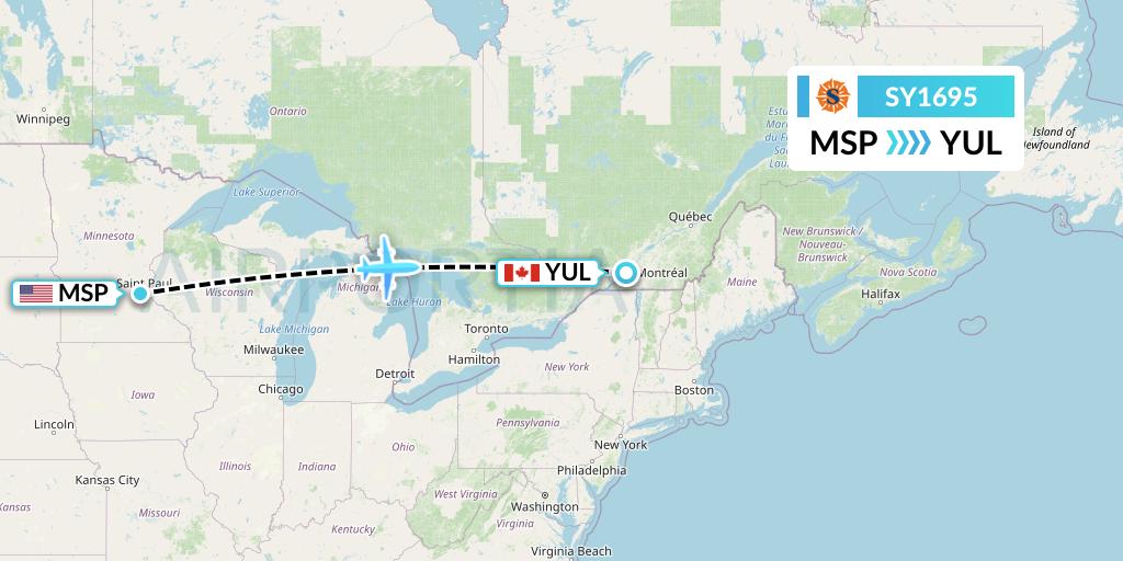 SY1695 Sun Country Airlines Flight Map: Minneapolis to Montreal
