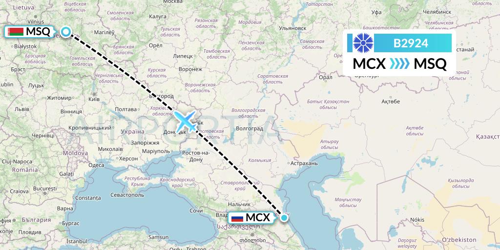 B2924 Belavia Flight Map: Makhachkala to Minsk