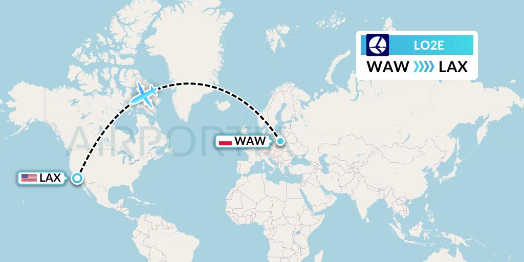 LO2E LOT Flight Map: Warsaw to Los Angeles