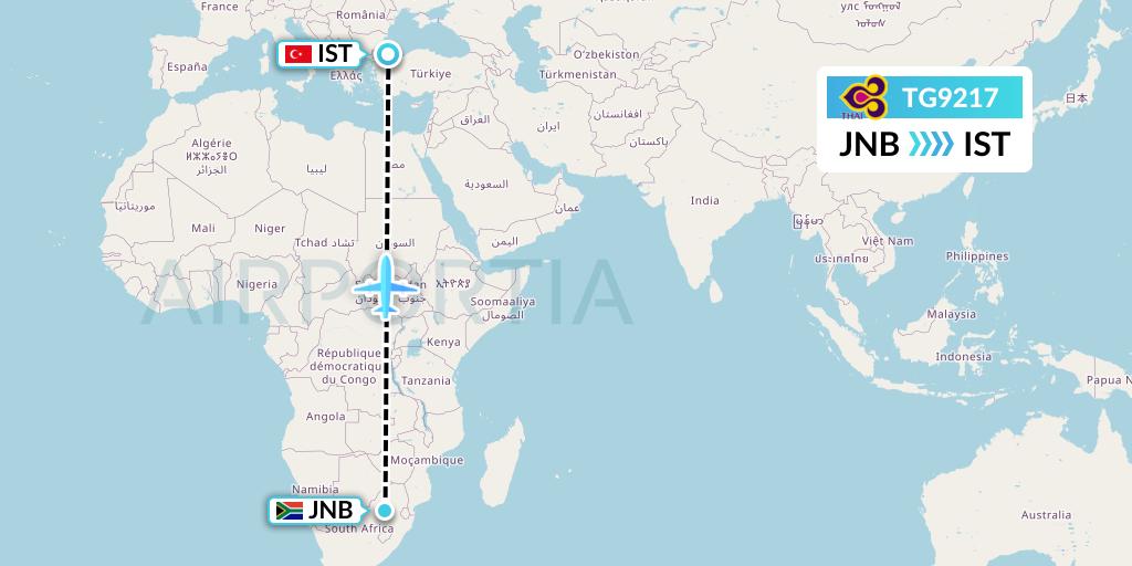 TG9217 Thai Airways Flight Map: Johannesburg to Istanbul