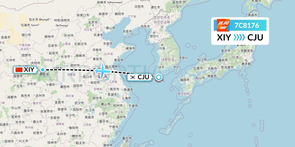7C8176 Jeju Air Flight Map: Xi'an to Jeju
