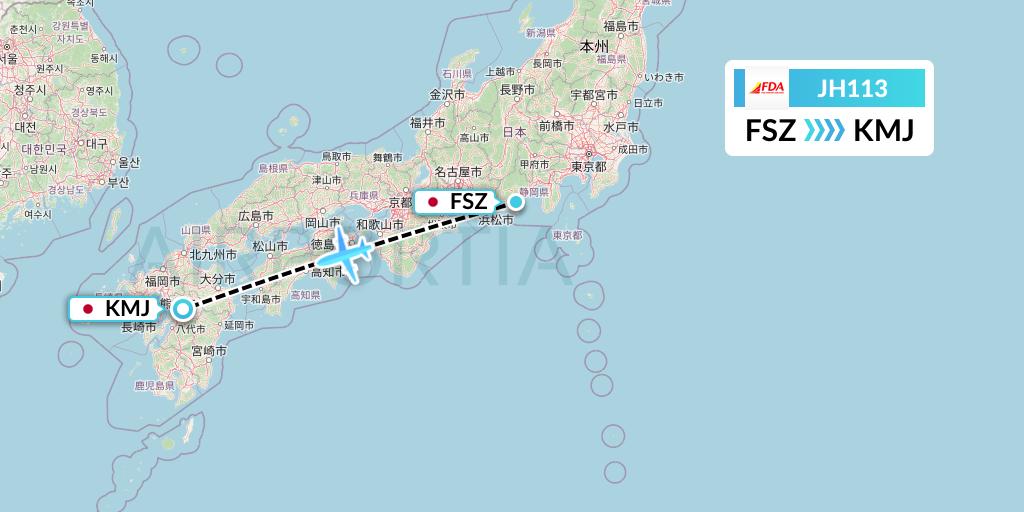 JH113 Fuji Dream Airlines Flight Map: Shizuoka to Kumamoto