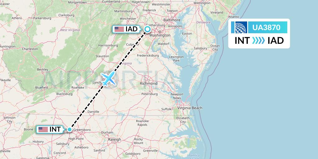 UA3870 United Airlines Flight Map: Winston-Salem to Washington