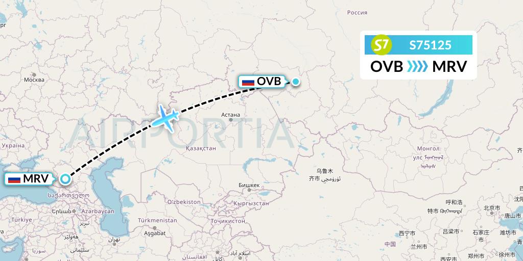 S75125 S7 Airlines Flight Map: Novosibirsk to Mineralnye Vody