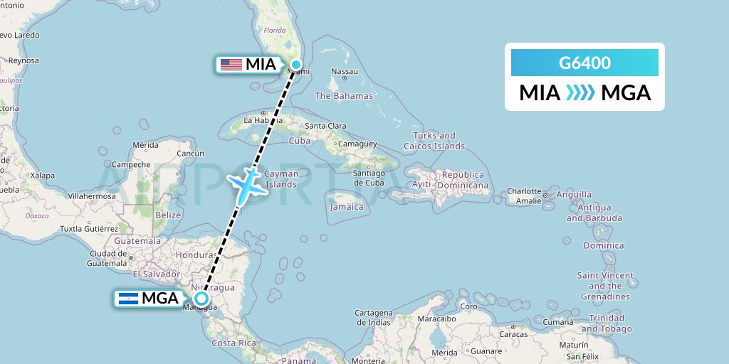 G6400 Fly Arna Flight Map: Miami to Managua