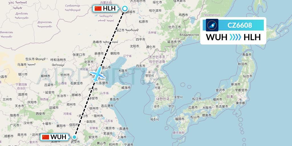 CZ6608 China Southern Airlines Flight Map: Wuhan to Ulanhot