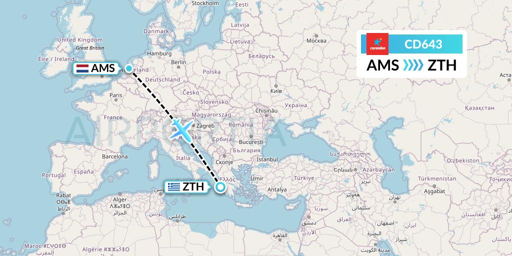 CD643 Dutch Corendon Airlines Flight Map: Amsterdam to Zakynthos