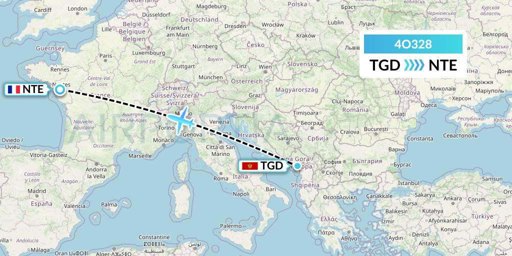 4O328 Air Montenegro Flight Map: Podgorica to Nantes