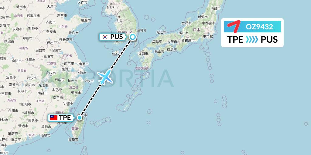 OZ9432 Asiana Airlines Flight Map: Taipei to Busan