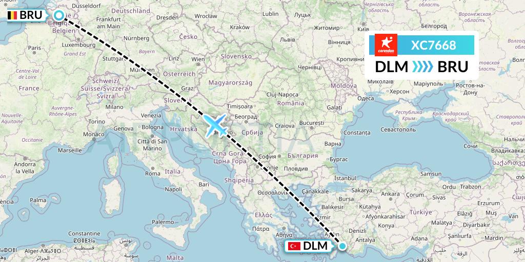 XC7668 Corendon Airlines Flight Map: Dalaman to Brussels