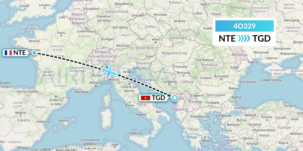 4O329 Air Montenegro Flight Map: Nantes to Podgorica