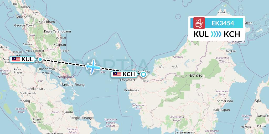 EK3454 Emirates Flight Map: Kuala Lumpur to Kuching