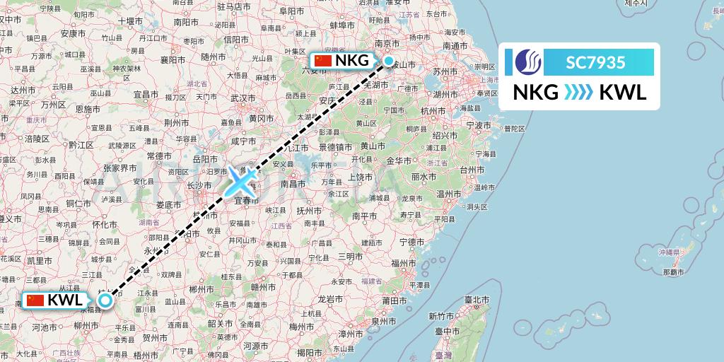 SC7935 Shandong Airlines Flight Map: Nanjing to Guilin