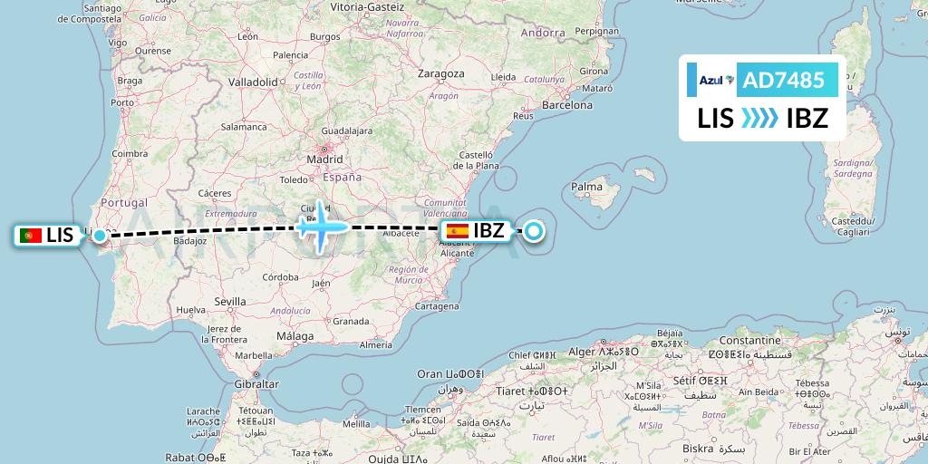 AD7485 Azul Brazilian Airlines Flight Map: Lisbon to Ibiza