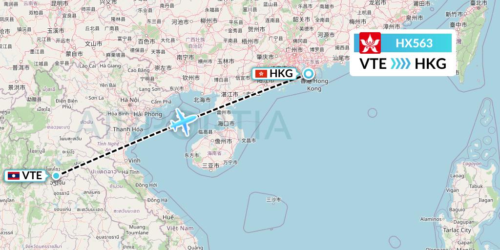 HX563 Hong Kong Airlines Flight Map: Vientiane to Hong Kong