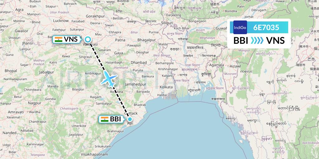 6E7035 IndiGo Airlines Flight Map: Bhubaneswar to Varanasi