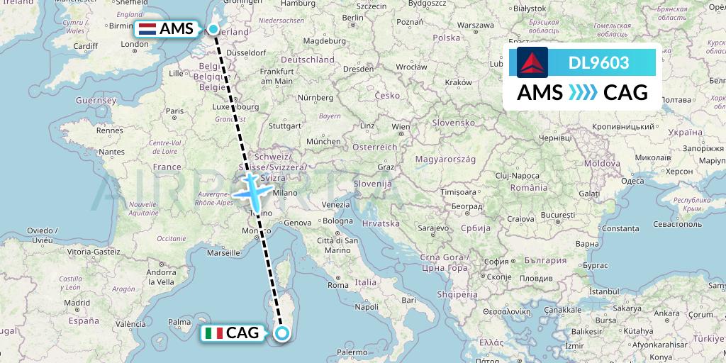 DL9603 Delta Air Lines Flight Map: Amsterdam to Cagliari