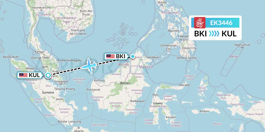 EK3446 Emirates Flight Map: Kota Kinabalu to Kuala Lumpur