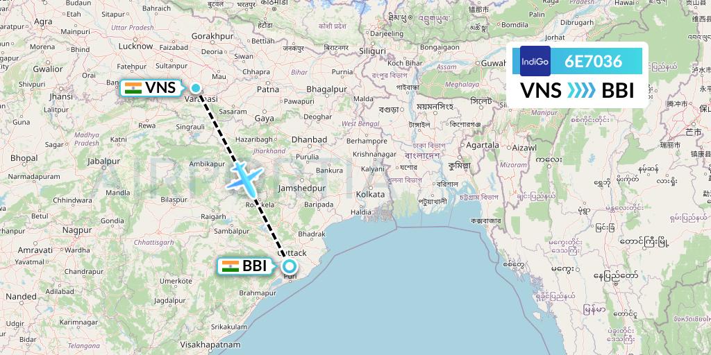 6E7036 IndiGo Airlines Flight Map: Varanasi to Bhubaneswar