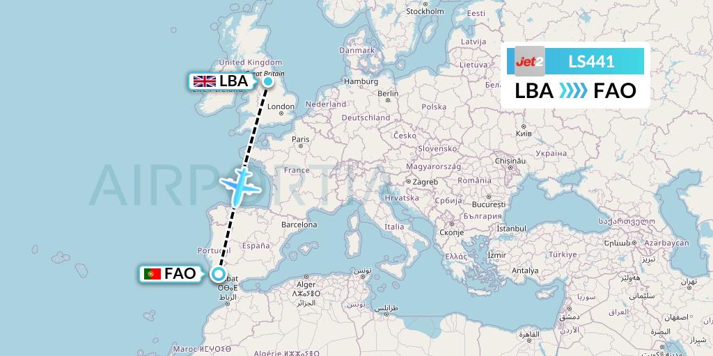 LS441 Jet2 Flight Map: Leeds to Faro