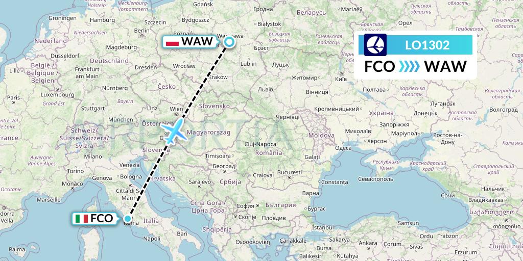 LO1302 LOT Flight Map: Rome to Warsaw