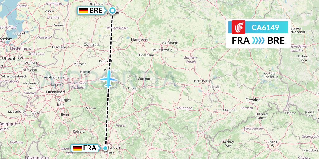 CA6149 Air China Flight Map: Frankfurt to Bremen