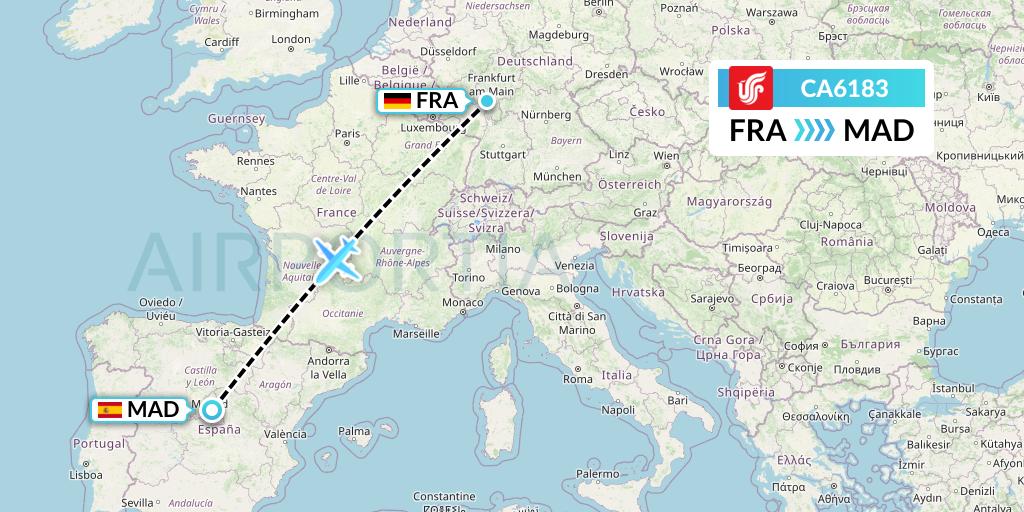 CA6183 Air China Flight Map: Frankfurt to Madrid
