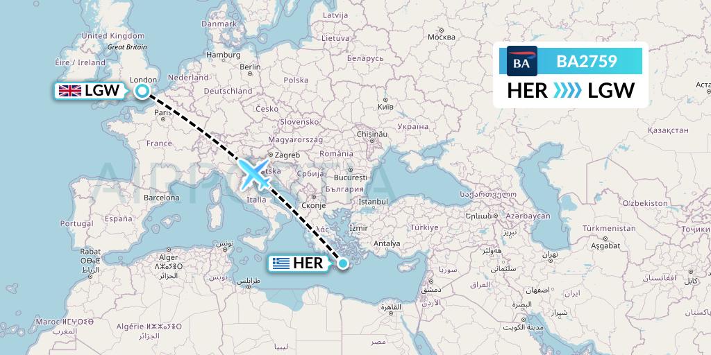 BA2759 British Airways Flight Map: Heraklion to London