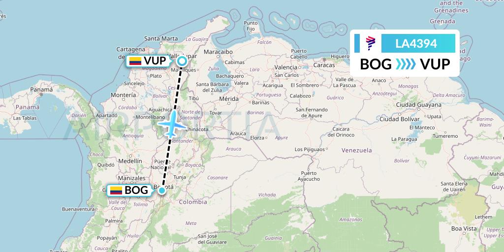 LA4394 LAN Airlines Flight Map: Bogota to Valledupar