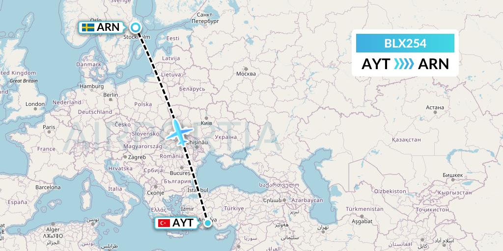 BLX254 TUI fly Nordics Flight Map: Antalya to Stockholm