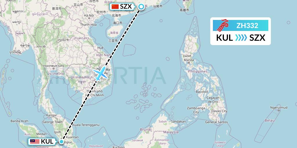 ZH332 Shenzhen Airlines Flight Map: Kuala Lumpur to Shenzhen