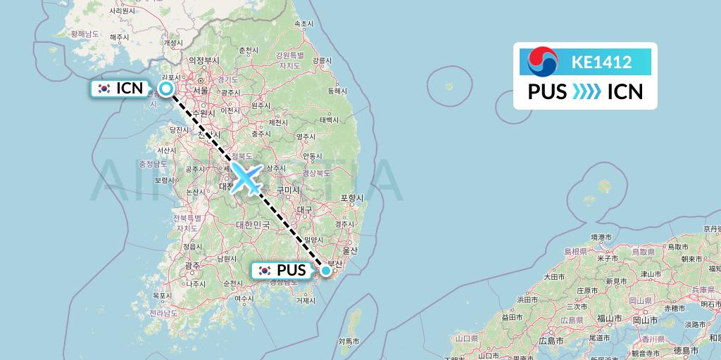 KE1412 Korean Air Flight Map: Busan to Seoul