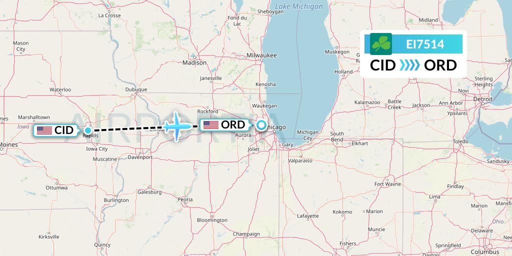 EI7514 Aer Lingus Flight Map: Cedar Rapids to Chicago