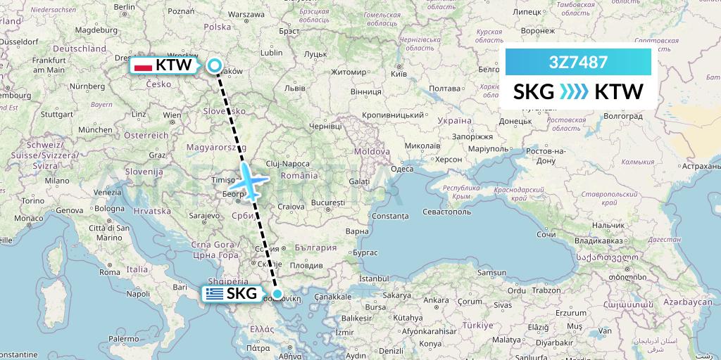 3Z7487 Travel Service Polska Flight Map: Thessaloniki to Katowice