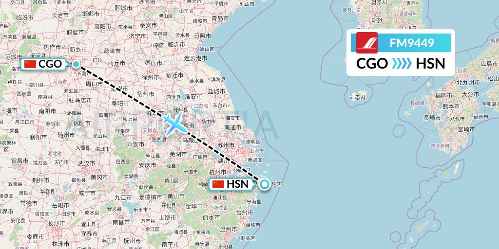 FM9449 Shanghai Airlines Flight Map: Zhengzhou to Zhoushan