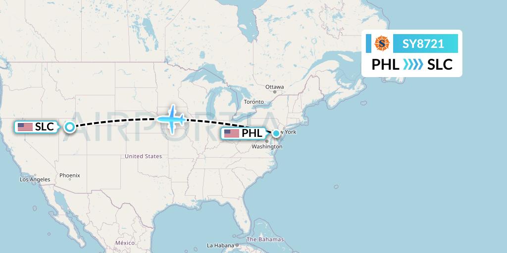 SY8721 Sun Country Airlines Flight Map: Philadelphia to Salt Lake City