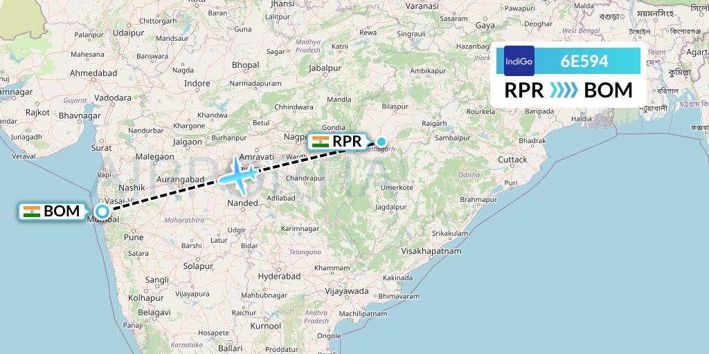 6E594 IndiGo Airlines Flight Map: Raipur to Mumbai