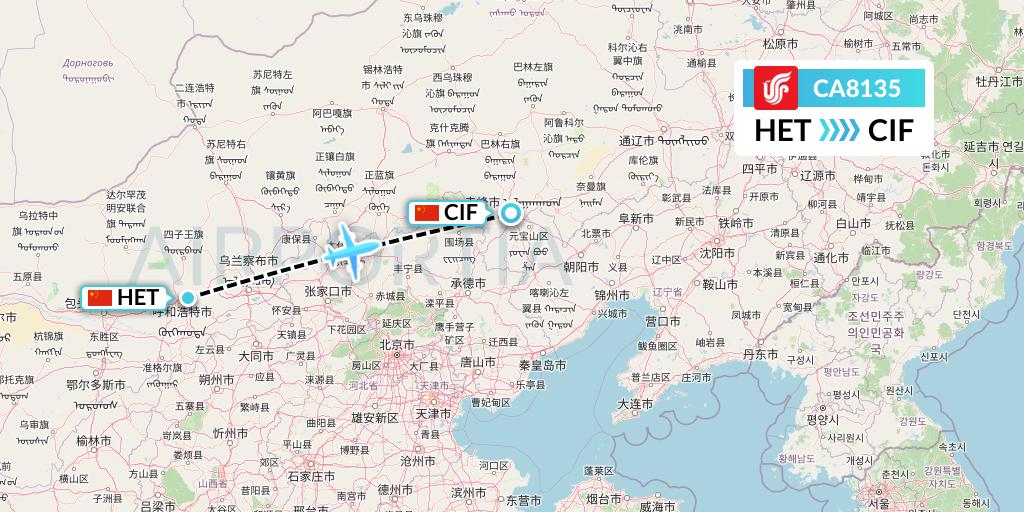 CA8135 Air China Flight Map: Hohhot to Chifeng