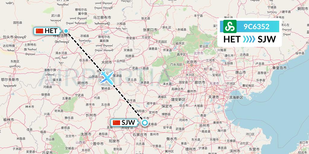 9C6352 Spring Airlines Flight Map: Hohhot to Shijiazhuang