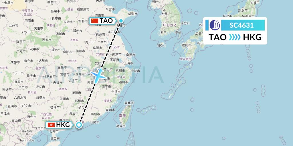 SC4631 Shandong Airlines Flight Map: Qingdao to Hong Kong