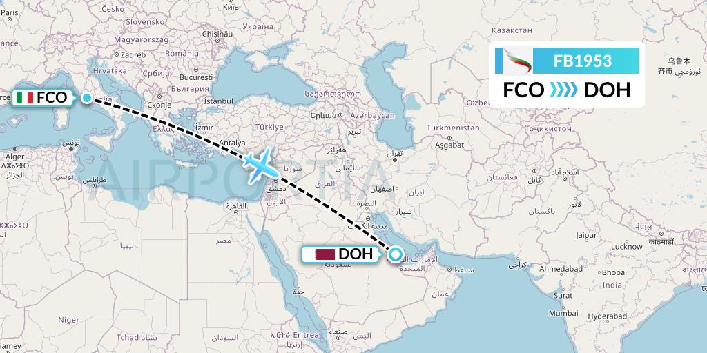 FB1953 Bulgaria Air Flight Map: Rome to Doha